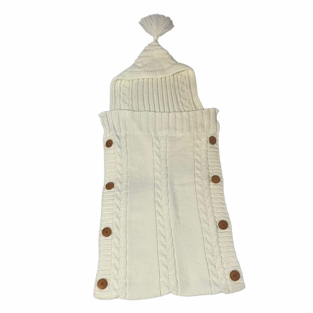 Cable Knit Cozy White Side Button Bunting with Hood